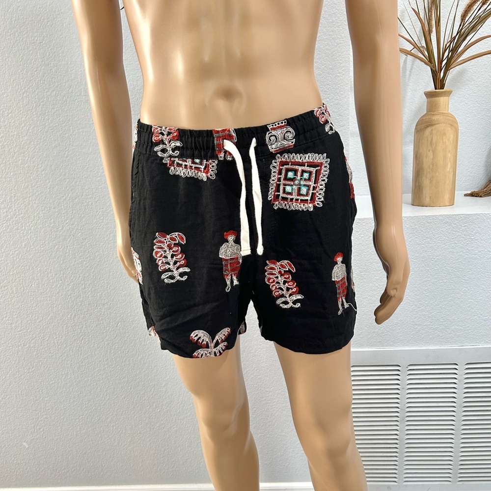 Unique Zara Mens Black Line Shorts Size M Medium Embroidered Boho